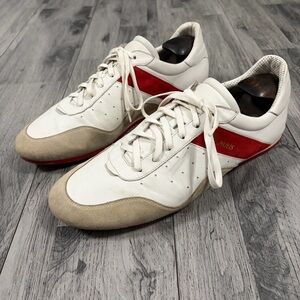 Christian Louboutin White Sneakers with Red Stripe and Taupe Suede